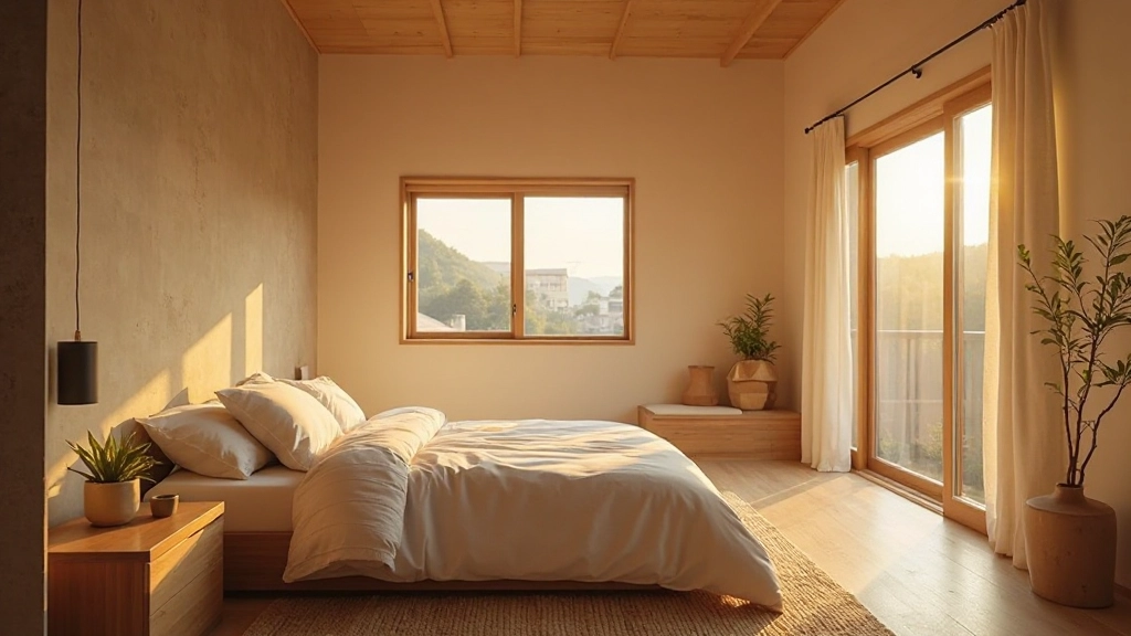 完成されたミニマリスト寝室、夕日が差す光、落ち着いた雰囲気、実装完了の美しい空間