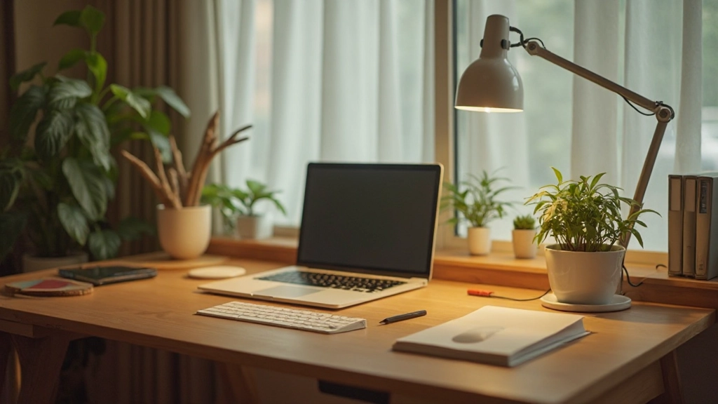 ホームオフィスの実装例、デスク、照明、観葉植物、調和した配色、整理された環境