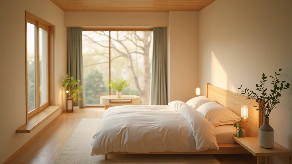 モダンな日本の寝室インテリア、ミニマリストデザイン、自然光、木製家具、落ち着いた色合い