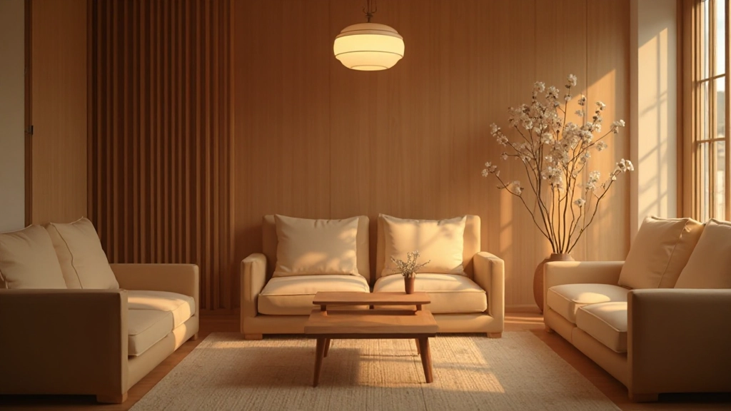 モダンなペンダントライトが照らす和室、木製テーブル、柔らかな光、温かみのある空間