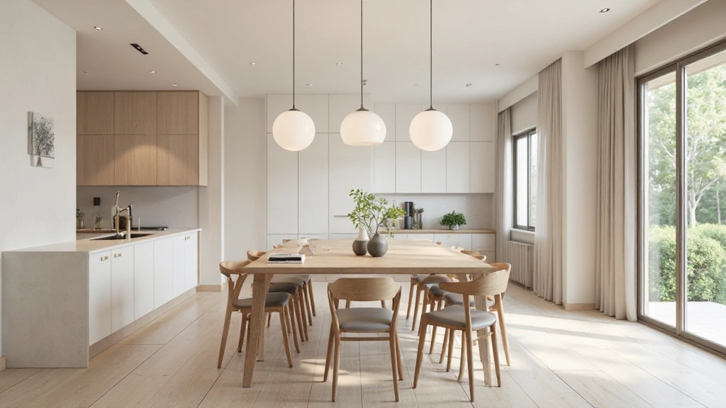 ダイニングエリアの配置図、テーブル、椅子、照明、壁装飾、スペース効率