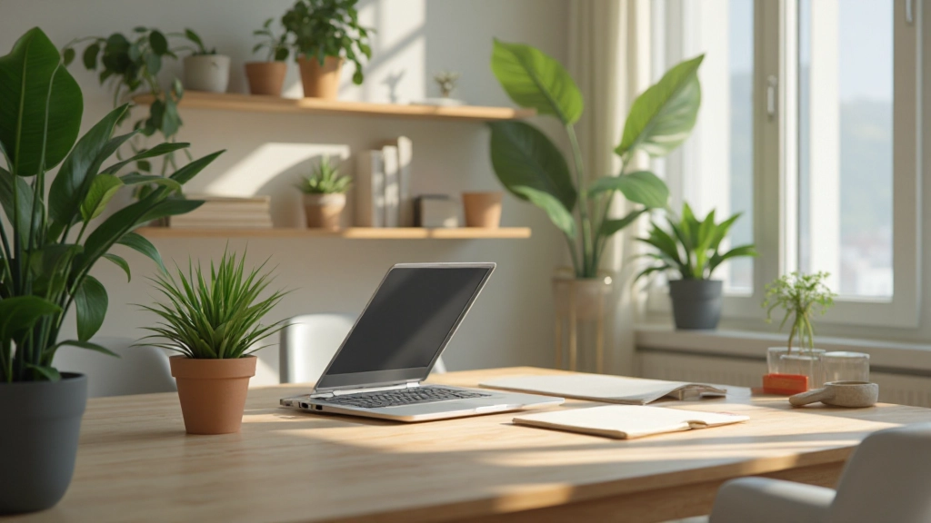 モダンオフィススペース、デスク、観葉植物、自然光、木製家具、生産性重視