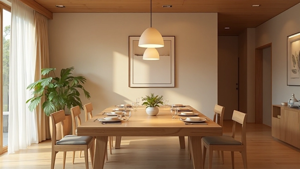 モダンダイニングルーム、ナチュラルウッド、最小限の装飾、温かい雰囲気、広々とした空間