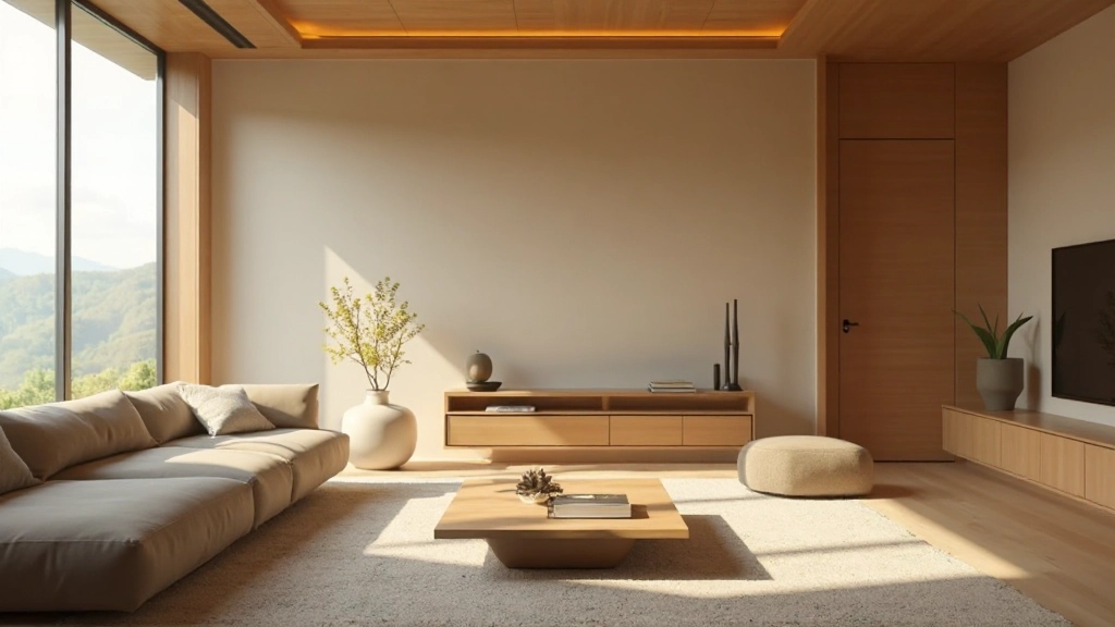 モダンリビングルーム、日本の伝統色が調和した家具配置、ニュートラルな壁色、自然光