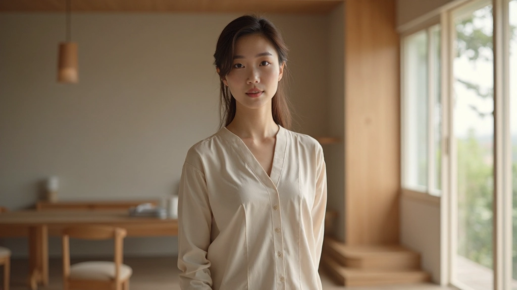 モダンな日本の部屋インテリア、ミニマリストデザイン、自然光、木製家具、白と黒の色合い